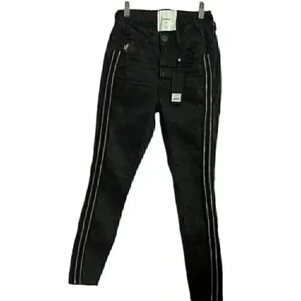 One Teaspoon Womens 25 Jett Black High Rise Skinny Side Stripe Stretch Jeans NWT